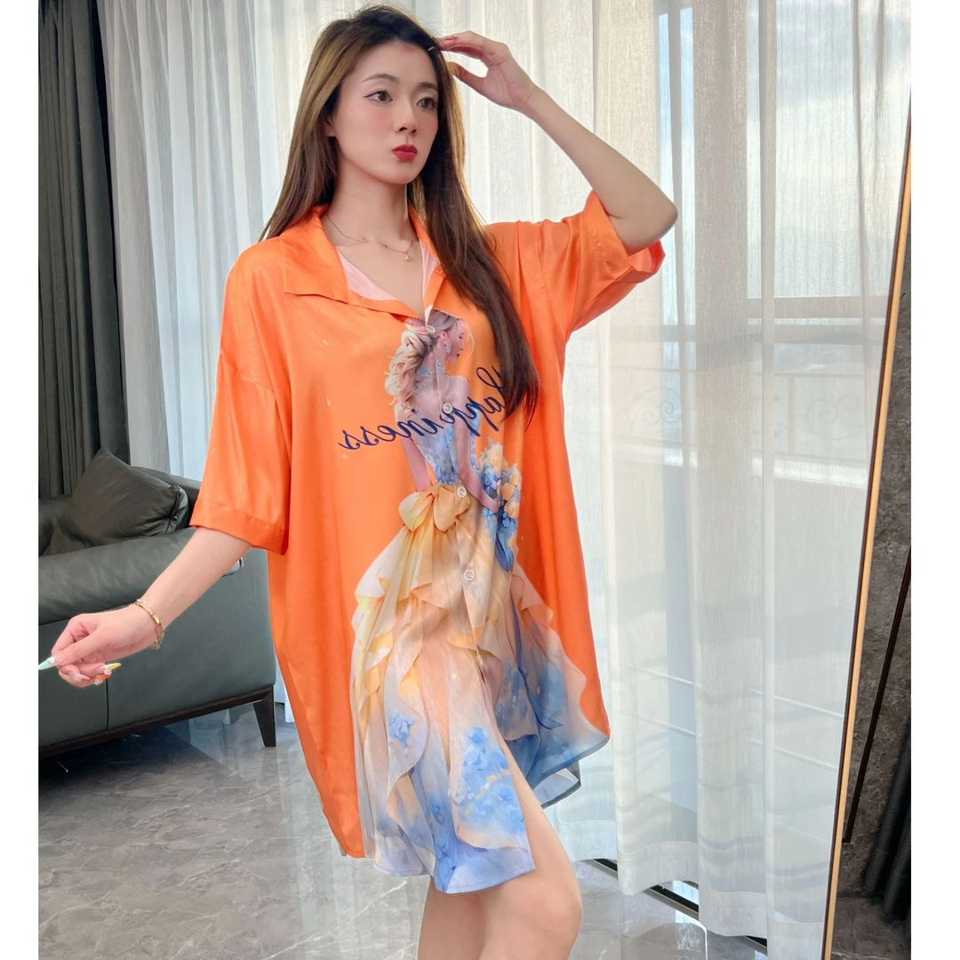 冰雪丝夏季宽松中长款女款睡衣婚纱公主家居睡裙家居服（送短裤）