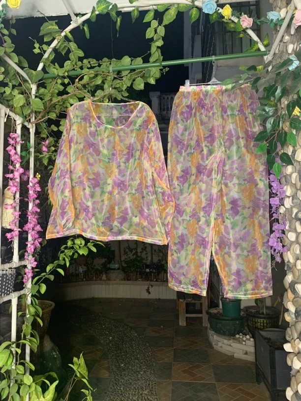 高光泽丝滑柔软印花两件套透视修身性感居家两件套