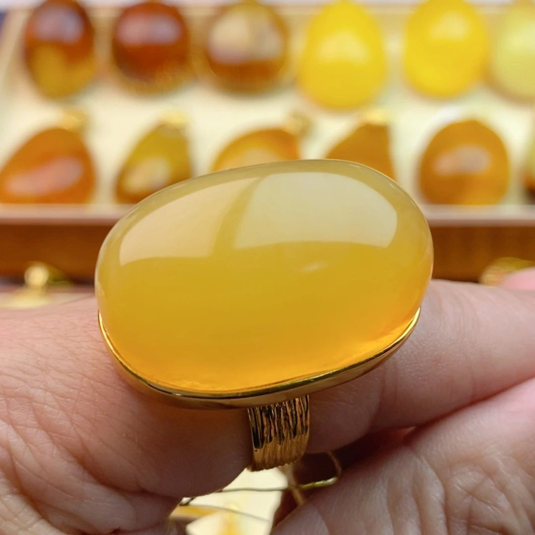 琥珀戒指银S925镀金镶嵌