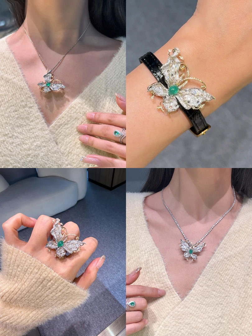 QANNA【豪华大蝴蝶】【多戴款】18K金天然祖母绿设计款钻石戒指AF