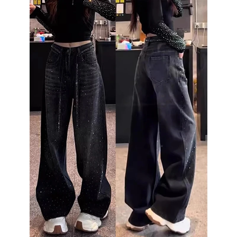 大码高级感烫钻牛仔裤女秋季微胖妹妹显瘦高腰直筒宽松拖地阔腿裤