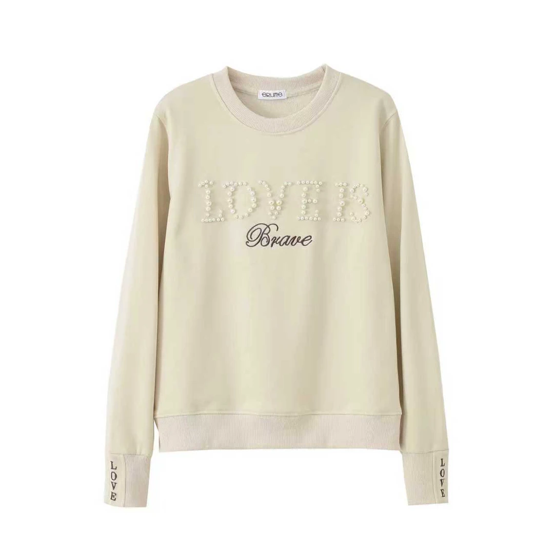 纯毛圈棉2025秋冬新款慵懒风圆领宽松钉珠印花套头衫休闲百搭3281