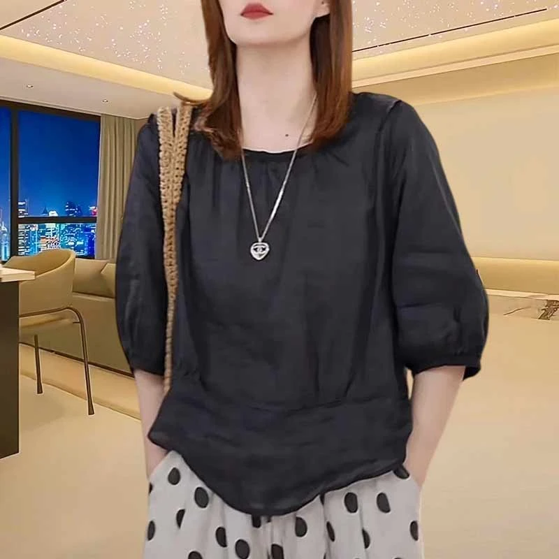 简约百搭轻薄款禅意衬衫2026年夏季新款财阀千金女装圆领半袖衬衣