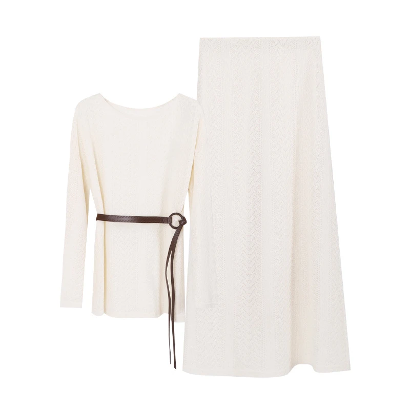 知性风衣服2025秋气质高级慵懒风镂空针织上衣+显瘦气质长裙套装