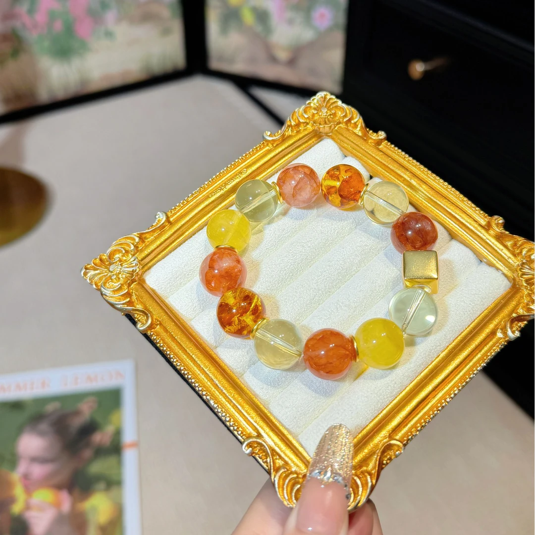 【秋意浓】天然花珀+红胶花+黄水晶+黄金萤石手串 925银 多样性发一