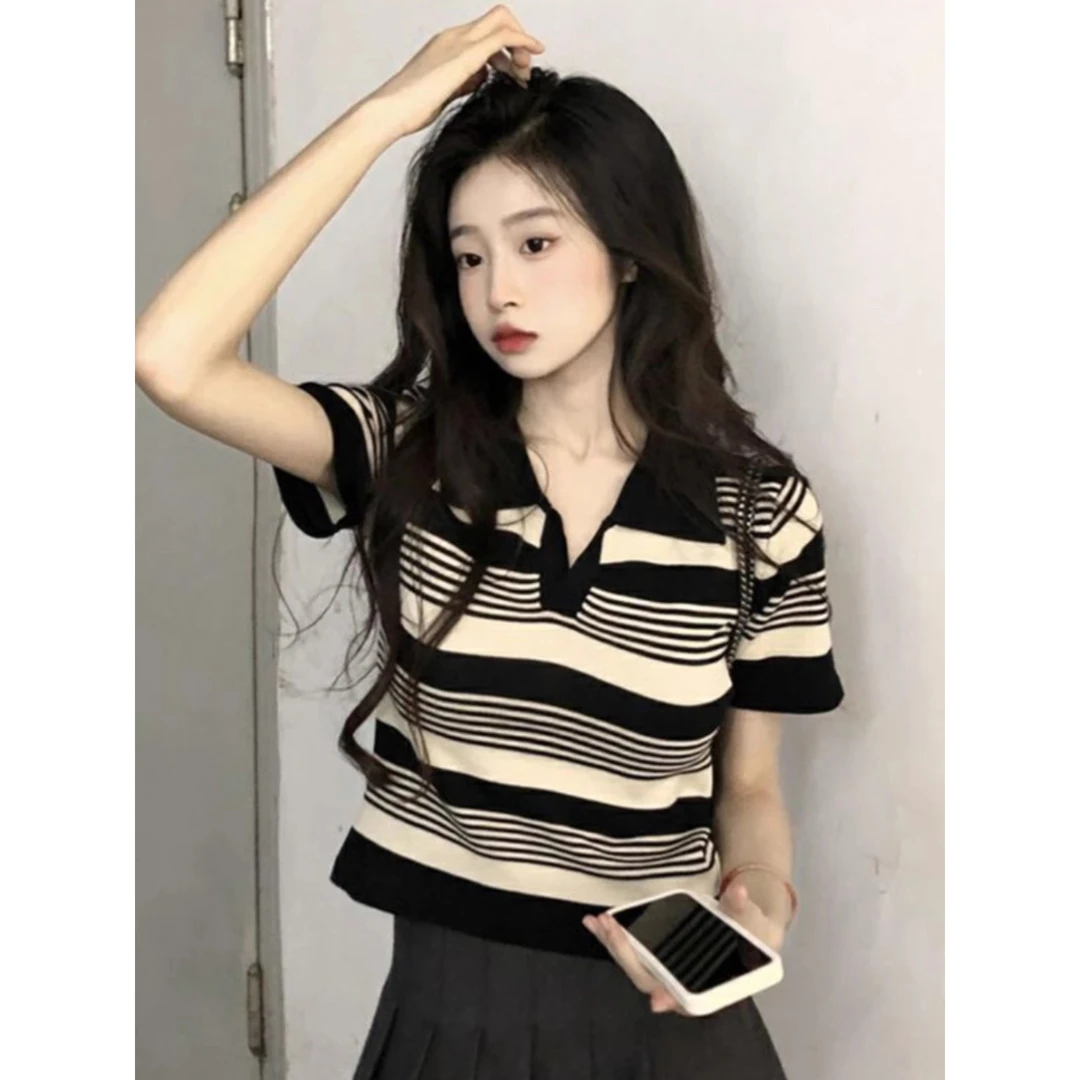 拼色条纹polo领短袖T恤女大码夏季新款微胖妹妹遮肚洋气减龄正肩