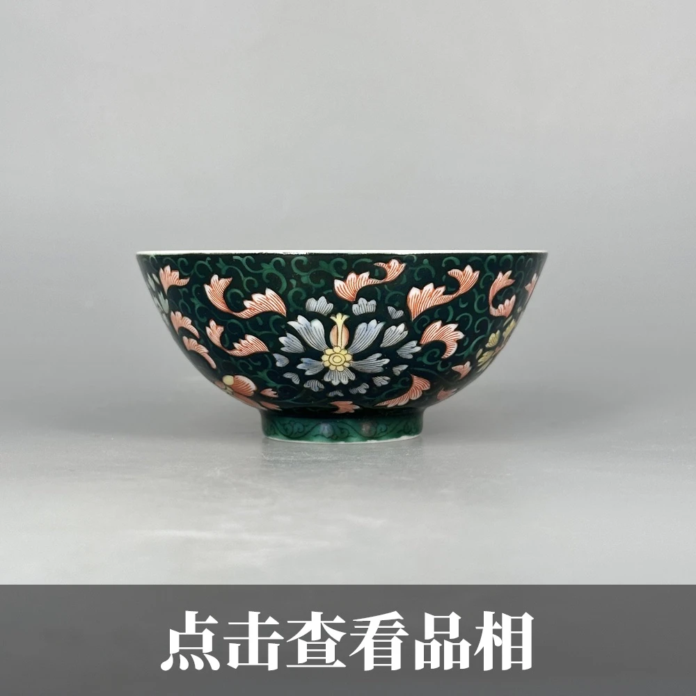 盛古珍玩绿地粉彩花卉纹碗杯0613-7-200