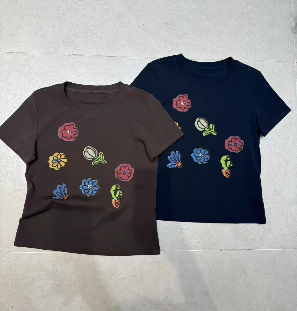 深圳南油高货2025夏季新款时尚圆领刺绣花朵短袖显瘦短款潮流上衣