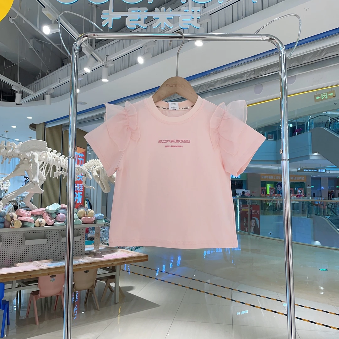MOMOCO女童夏季儿童时尚休闲欧若风花边袖印花时尚T恤77630235015