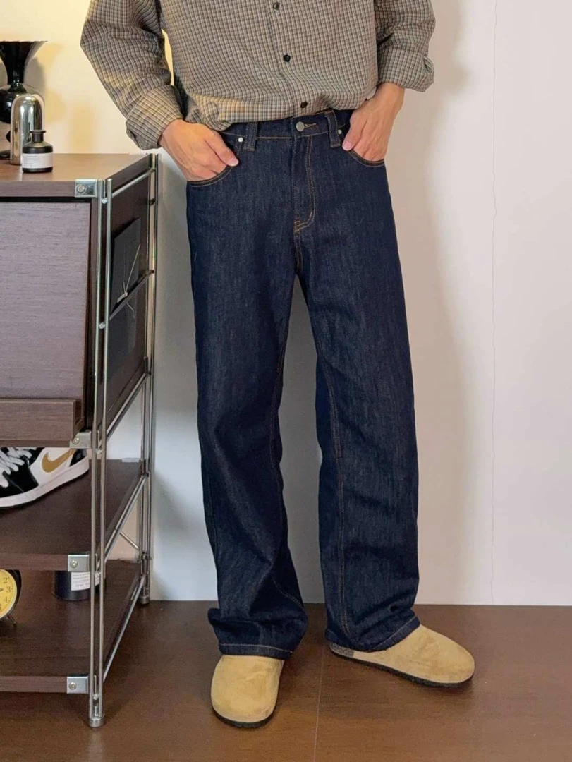 冬季新品深蓝美式日系原牛加绒简约百搭高级显瘦直筒牛仔裤