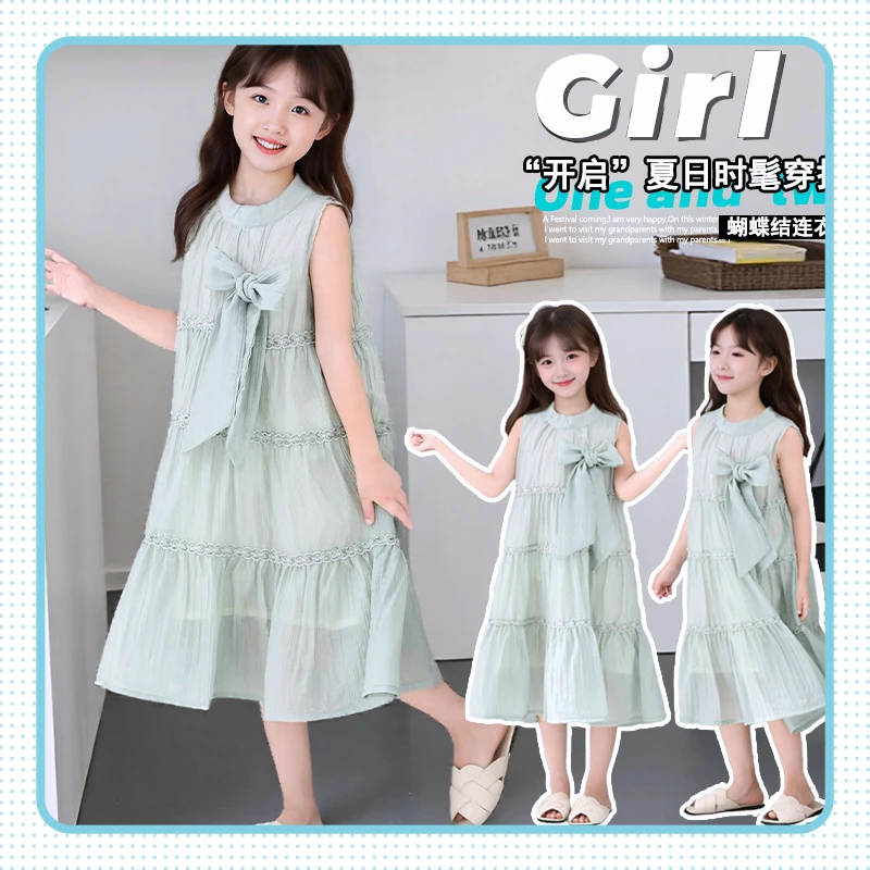 女童连衣裙2025夏季新款儿童蝴蝶结系带无袖雪纺韩版甜美连衣裙