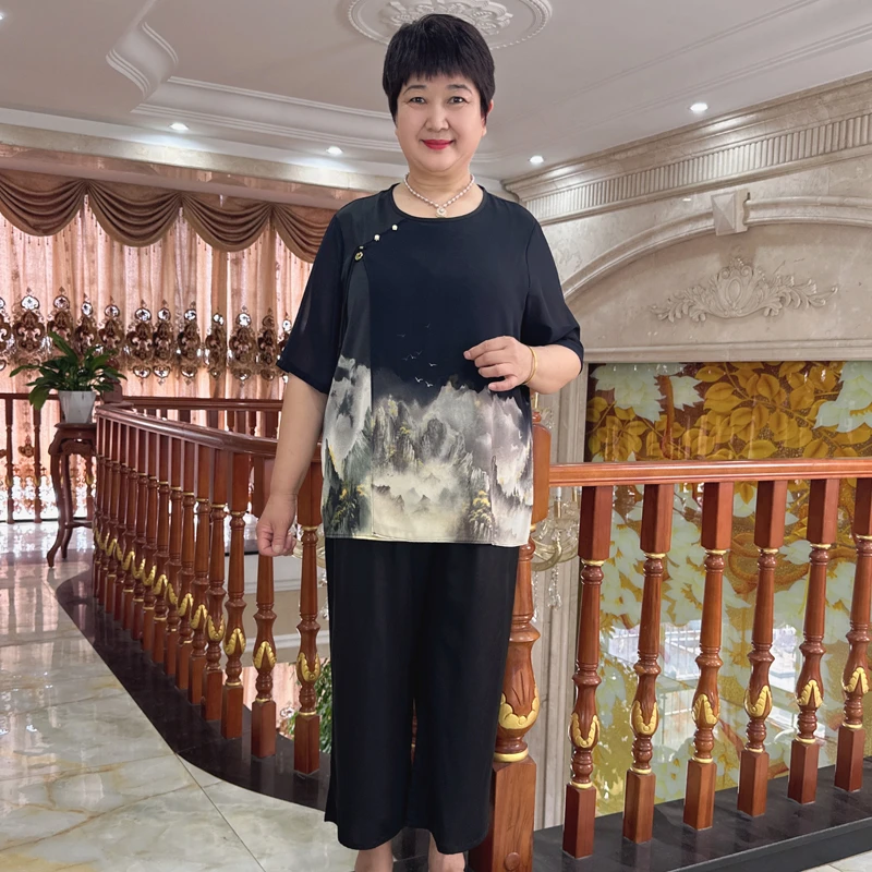 英姐大码妈妈装夏季新款国风圆领上衣中老年女装加肥加大套装2129