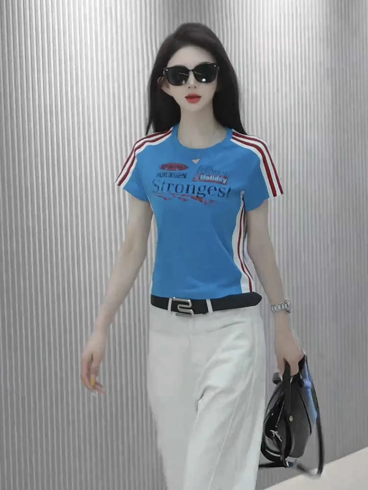 纯棉大码美式字母印花短袖T恤女夏季2025新款修身显瘦百搭上衣女