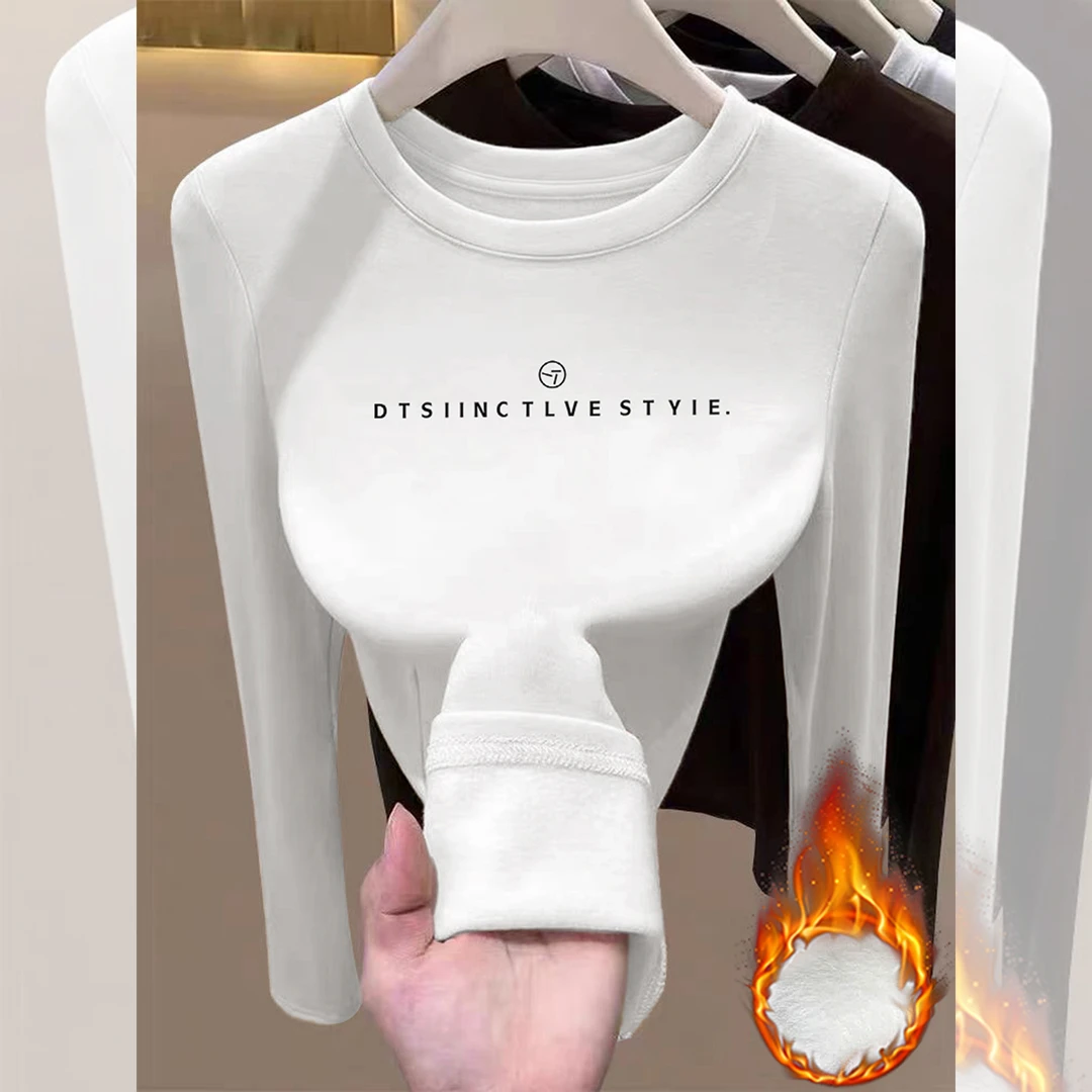 婳娇新款双面德绒长袖宽松t恤女白色圆领加厚打底衫秋冬百搭上衣