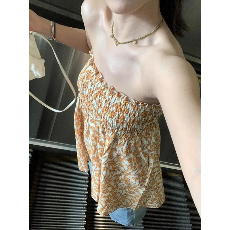 韩系复古碎花抹胸半身裙两穿女夏季海岛度假风气质橘色背心上衣