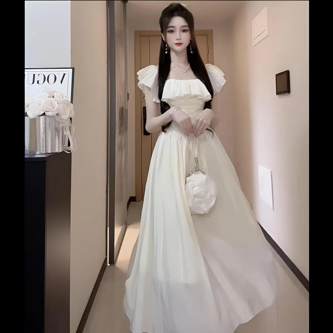 财阀千金女装甜美一字肩收腰显瘦连衣裙女夏季法式纯欲慵懒风长裙