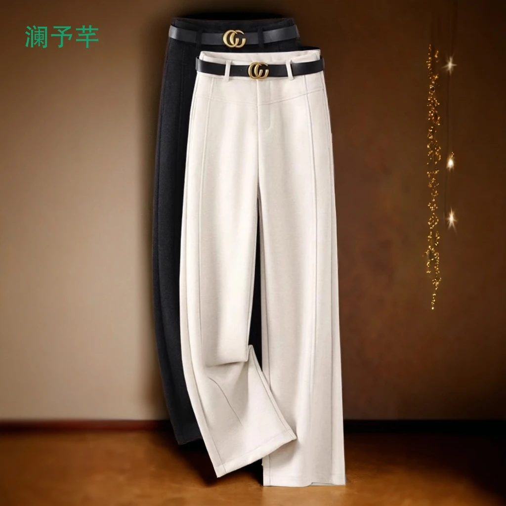 醋酸羊毛高腰松紧阔腿裤女2025秋冬季新款羊毛呢直筒休闲裤