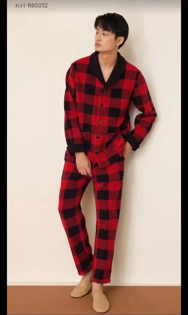 宽画男款冬季保暖格子休闲舒适家居服套装80032