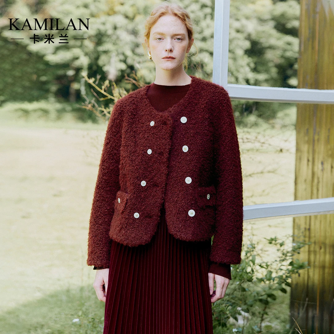 卡米兰安可拉红仿皮草女2025冬新款气质高级感短款毛毛绒大衣外套