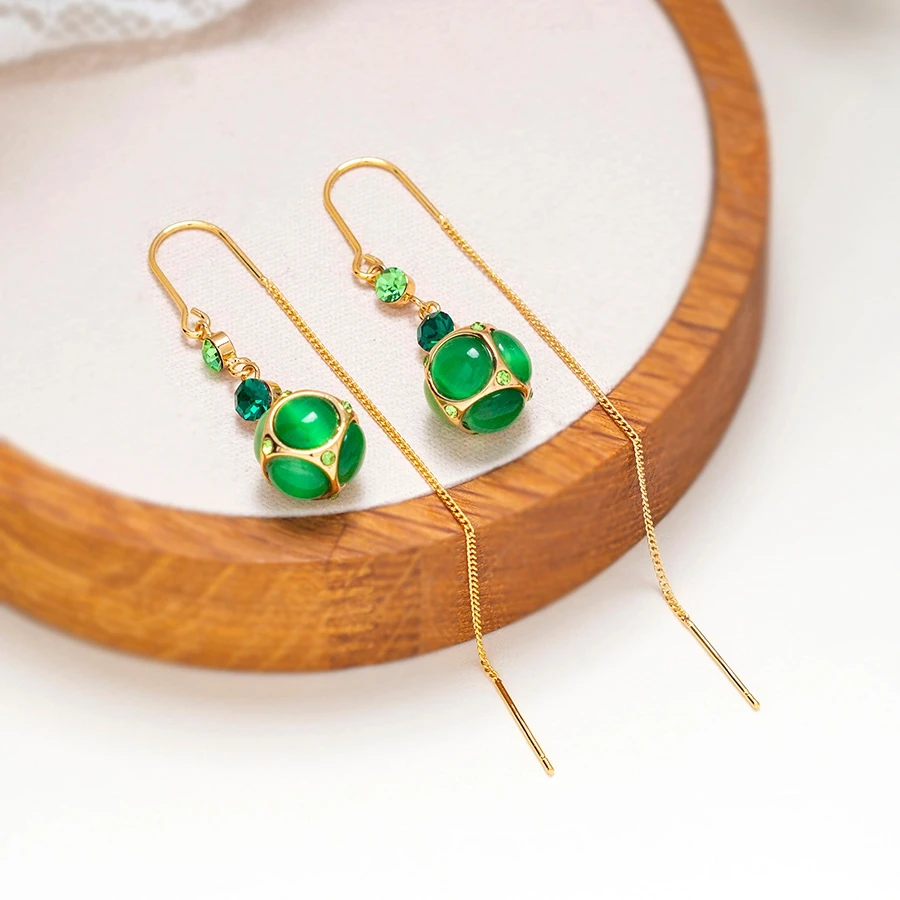 铜合金合成锆石耳饰 春季绿色满钻绣球流苏耳线国潮小众耳环1262