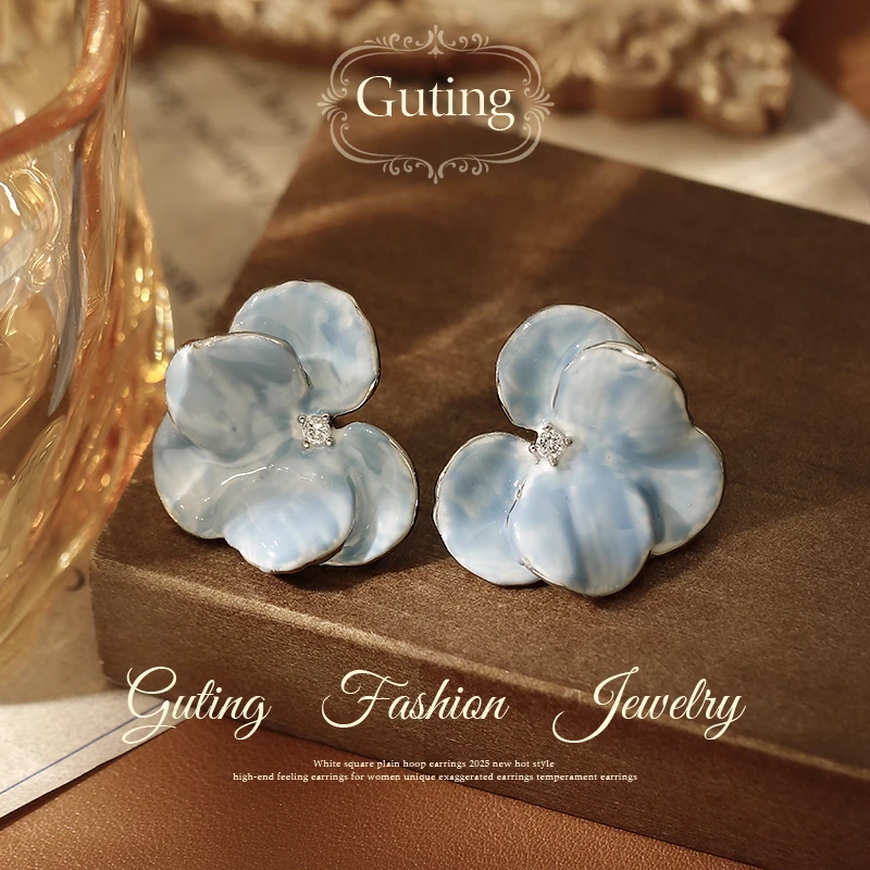 铜合金耳饰 21014蓝色滴釉晕染花朵耳钉女夏天独特绝美高级感轻奢