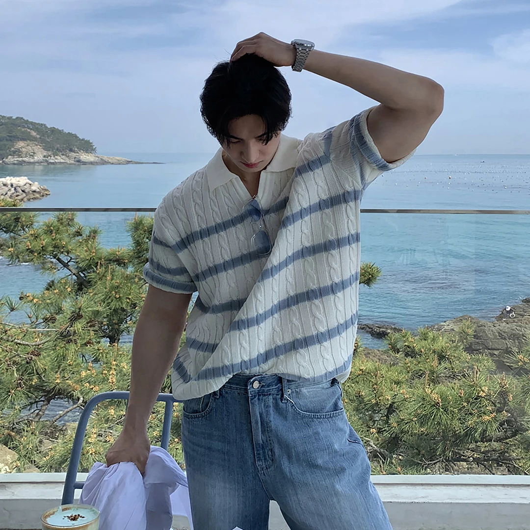 ascloqiao冰丝短袖针织衫休闲条纹夏季薄款翻领T恤青年高级感上衣