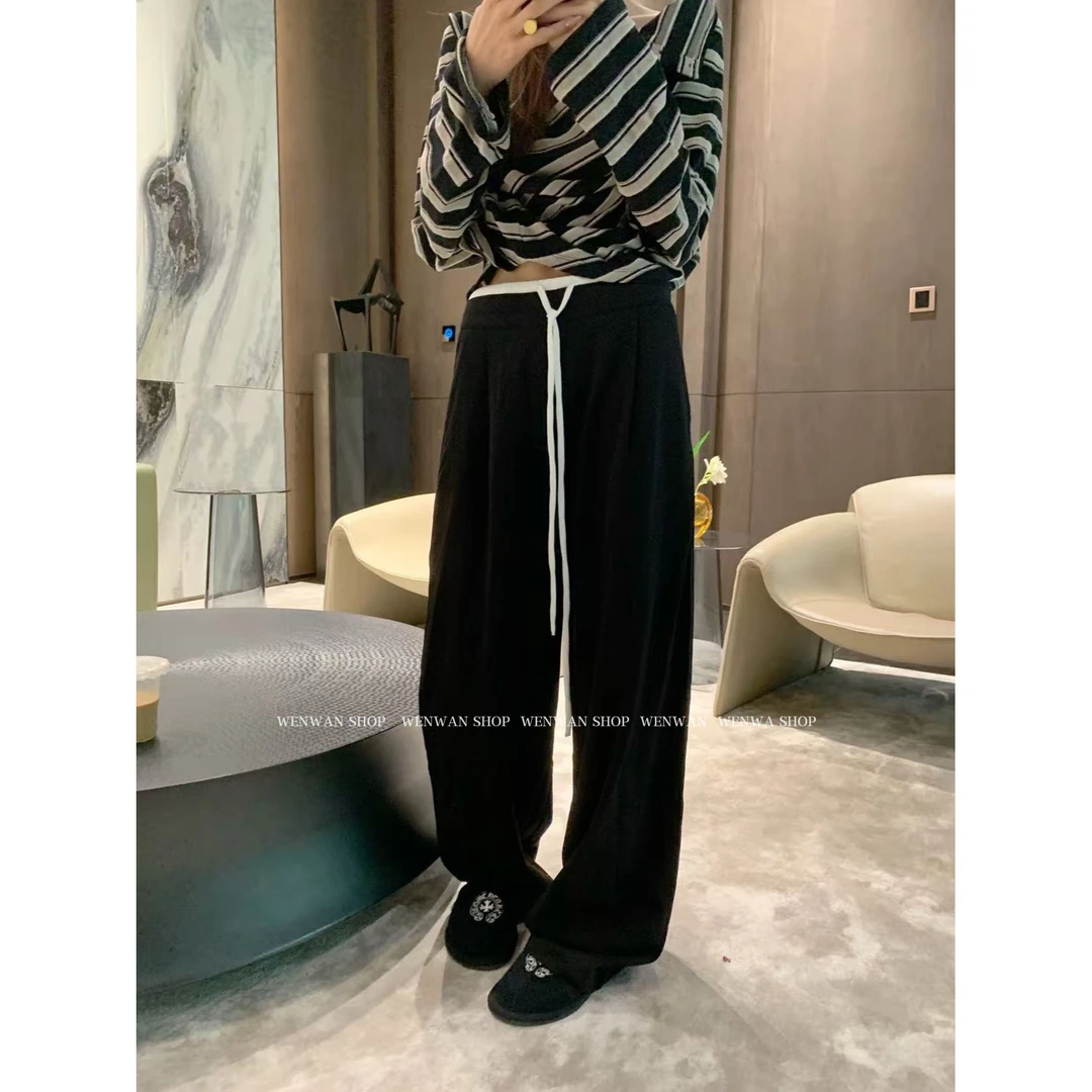 【垂感质感】黑色直筒抽绳设计休闲长裤