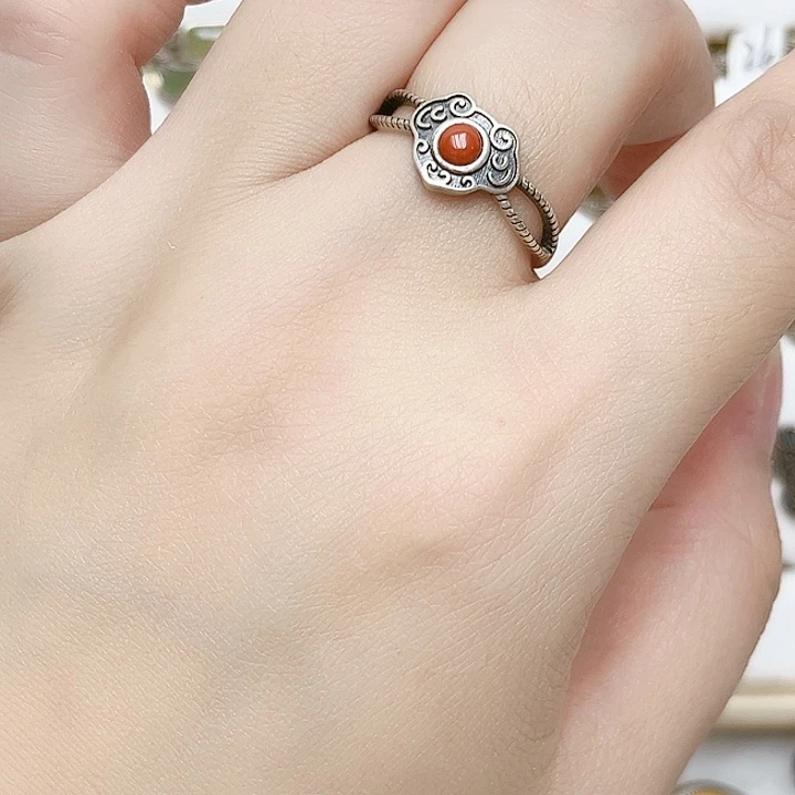 玛瑙/玉髓戒指银S925镶嵌天然