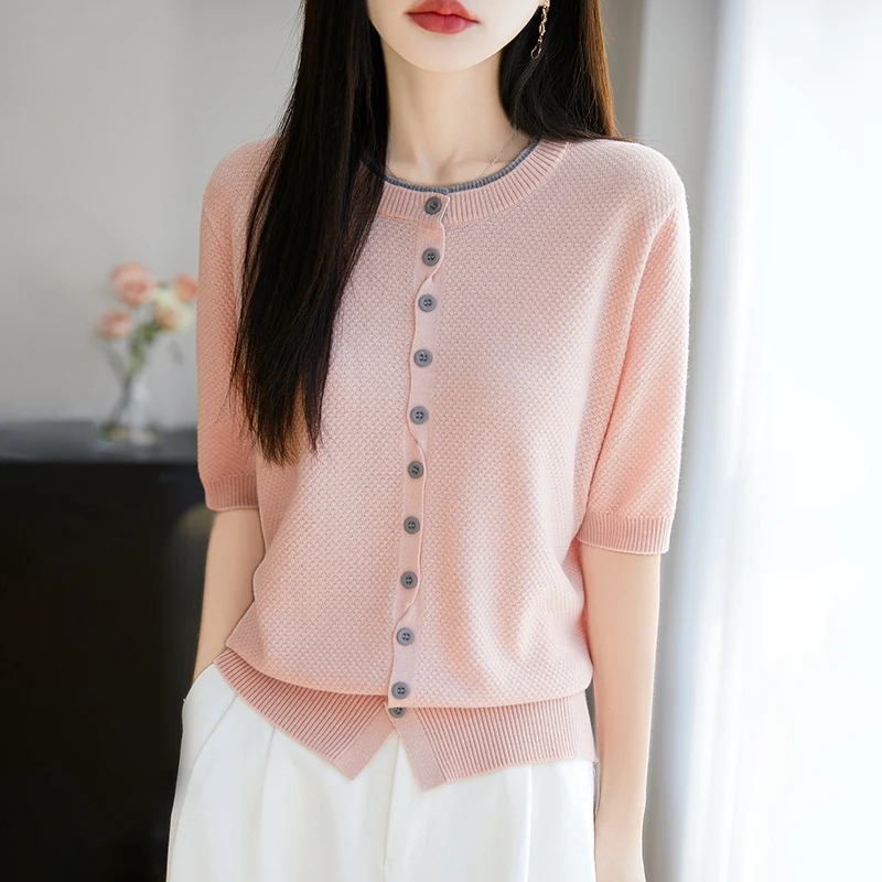 甄选丝光羊毛纯色针织T恤夏季精纺羊毛打花撞色短袖 百搭时尚半袖