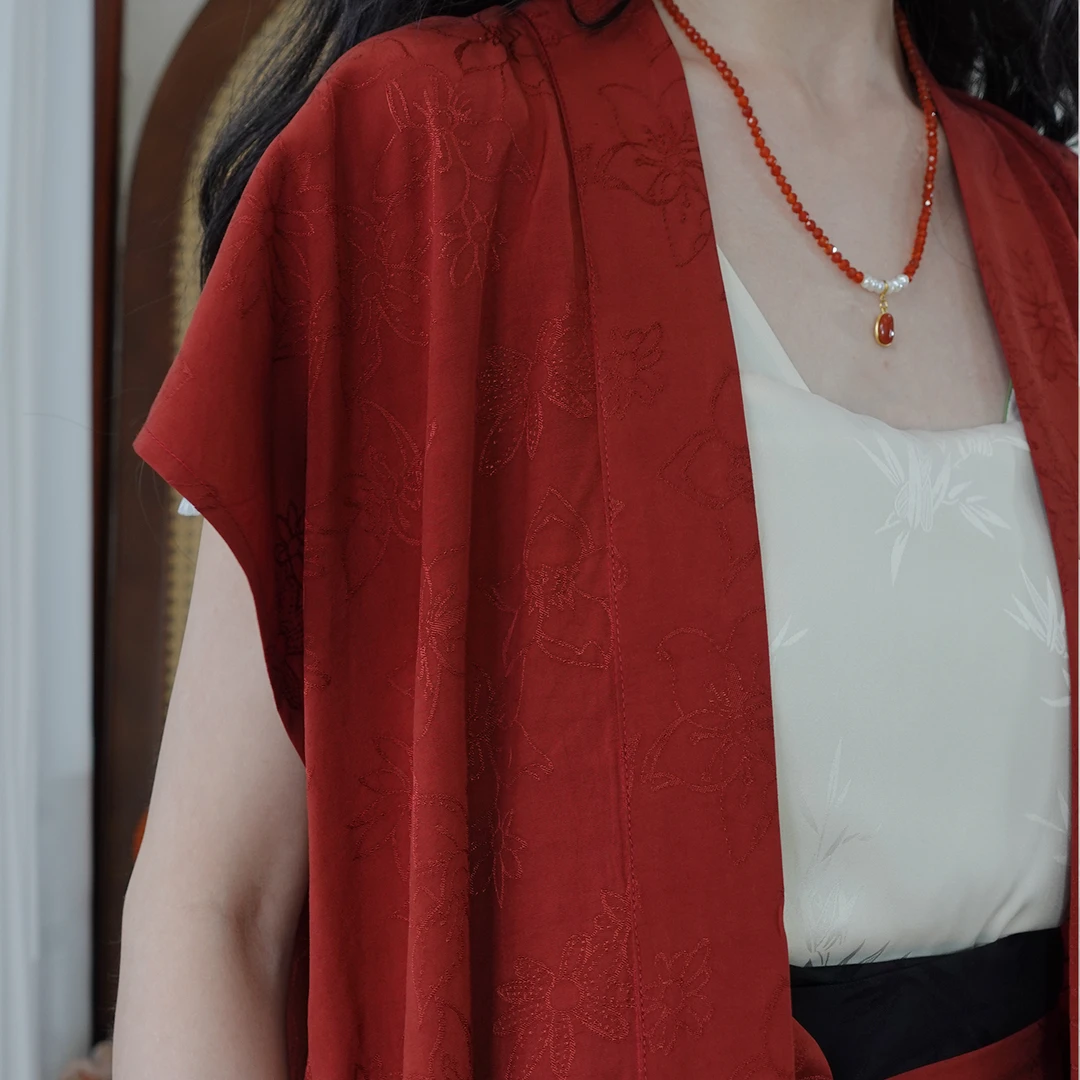 赭颜 汉服原创《夏至》宋制改良人丝人棉提花对襟背心宋抹两片裙爆