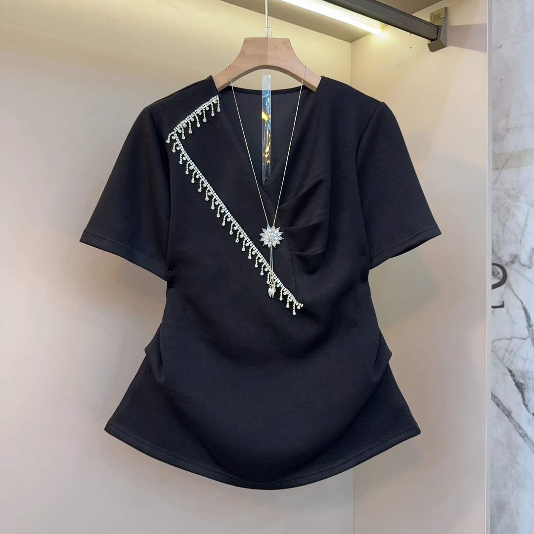 韩版时髦V领重工烫钻设计感短袖T恤女时尚超好看百搭小众收腰上衣