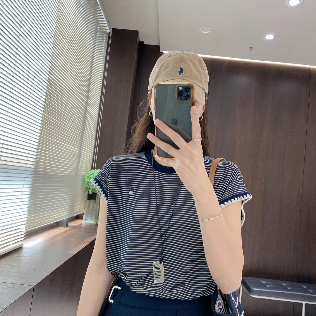 IMFLY金小金自制女装 莱赛尔T恤DYW9319圆领撞色条纹百搭短袖上衣