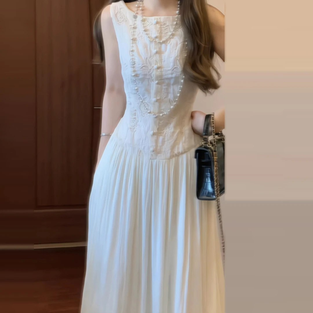 4558【金拐子专属】法式高级感白色无袖夏季新款独特掐腰气质长裙