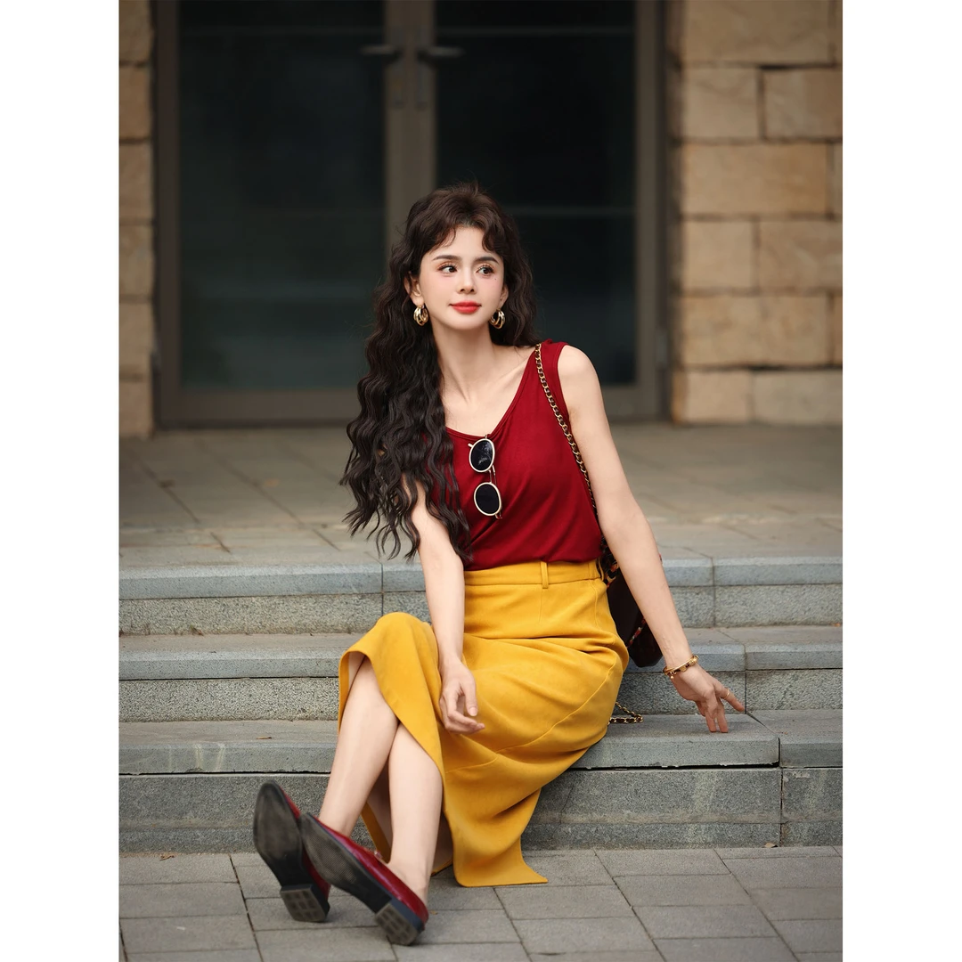 陈佳洁【红枣桂圆茶】港风复古纯色内搭显瘦背心ins打底衫JR3882196