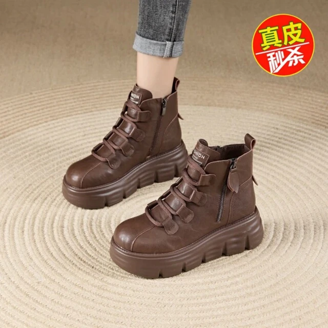 断码红青蜓真皮厚底马丁靴女2024新款加绒棉鞋英伦风复古圆头短靴