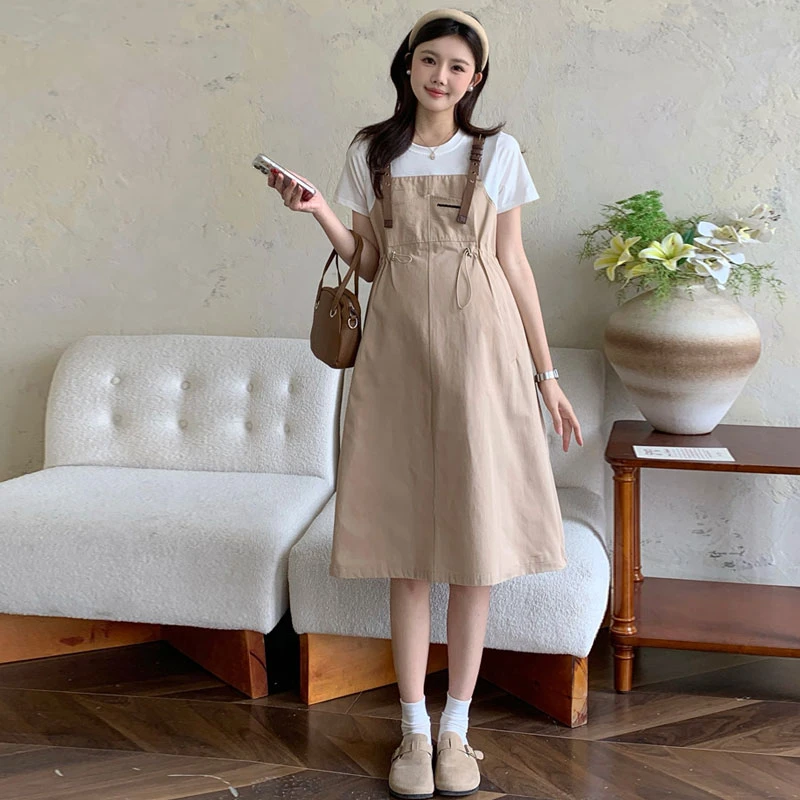 孕妇夏装连衣裙2025新款韩版时尚洋气百搭小个子假两件中长款裙子