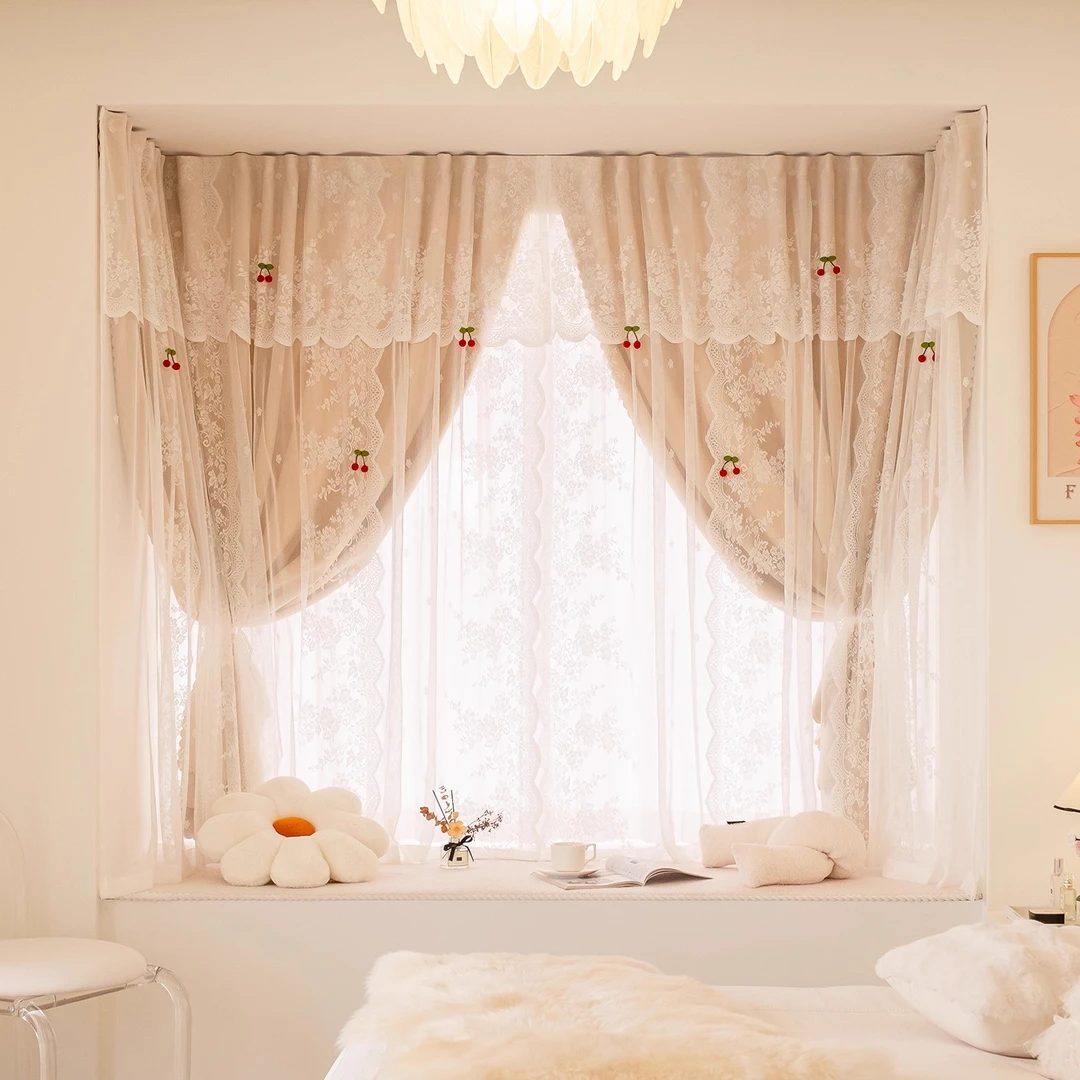 法式遮光窗帘小窗户卧室少女ins公主风蕾丝沙双层免打孔飘窗门帘