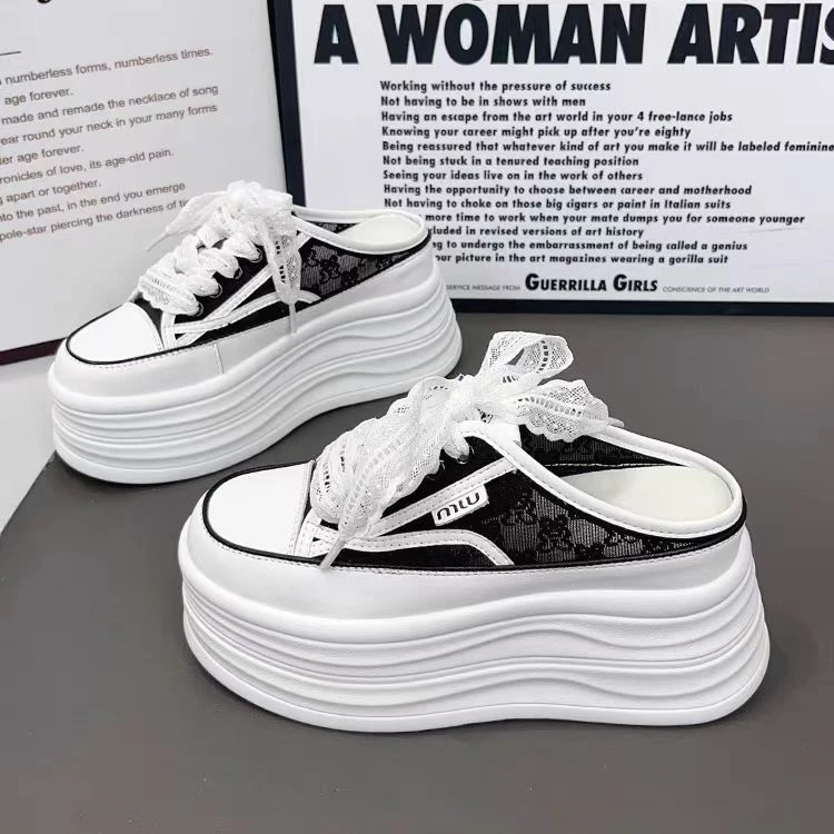 欧货透气蕾丝小白鞋2025夏季新款百搭显瘦运动休闲时尚半拖鞋凉拖