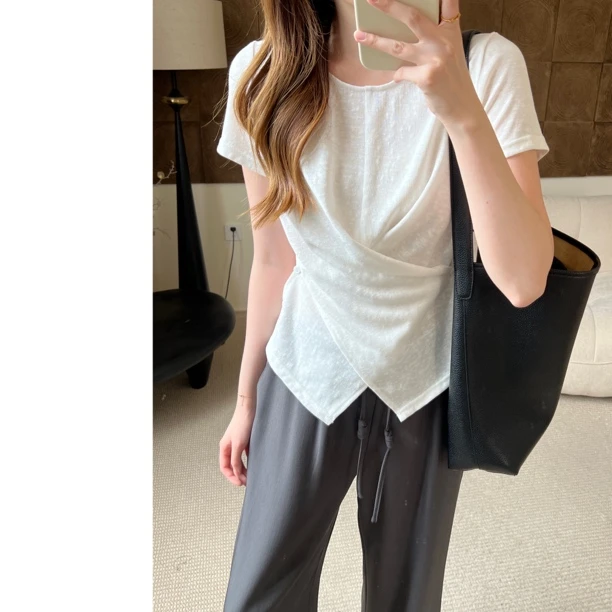 W.M.M交叉纽扣短袖/夏季雪花棉麻感透气设计感短袖