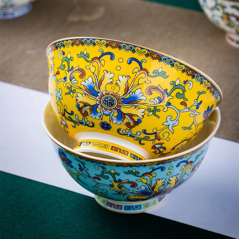 景德镇高档珐琅骨瓷饭碗仿古家用宫廷高脚汤碗餐具中式陶瓷吃饭碗