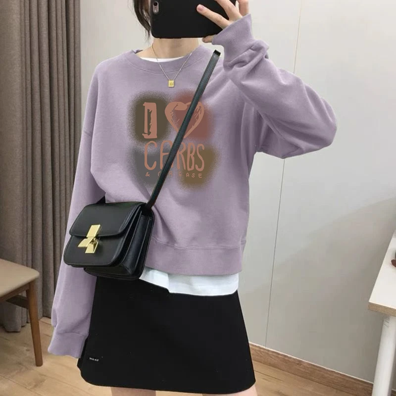 假两件圆领套头短款卫衣女加绒加厚秋冬上衣宽松小个子春秋薄款