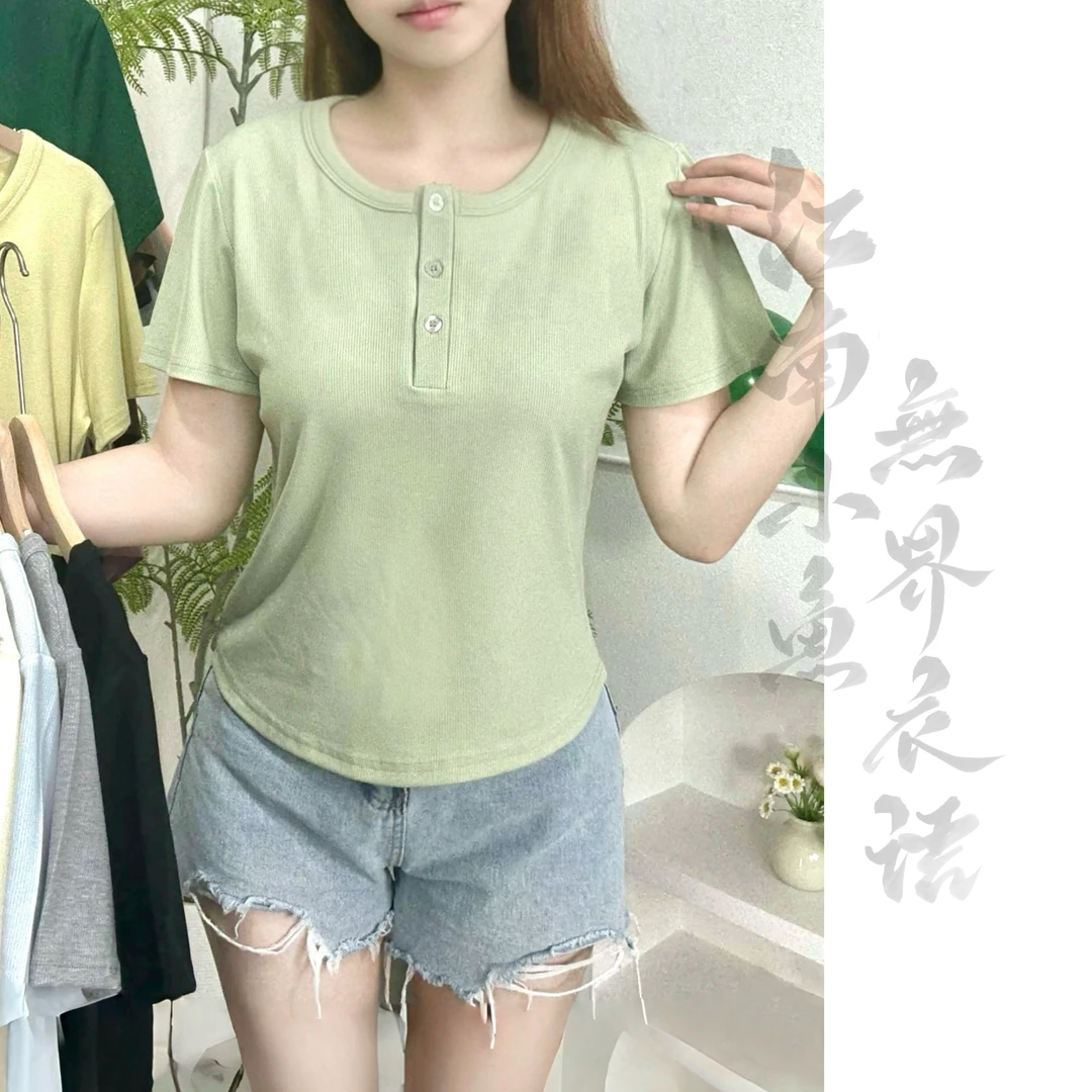 莱赛尔天丝三粒扣显瘦纯色百搭T恤设计感女X11Y