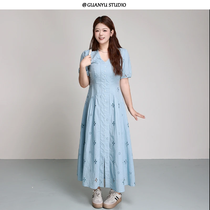 【盛夏花园】蛋妹大码女装微胖mm夏季显瘦遮肉A字型连衣裙DM26734