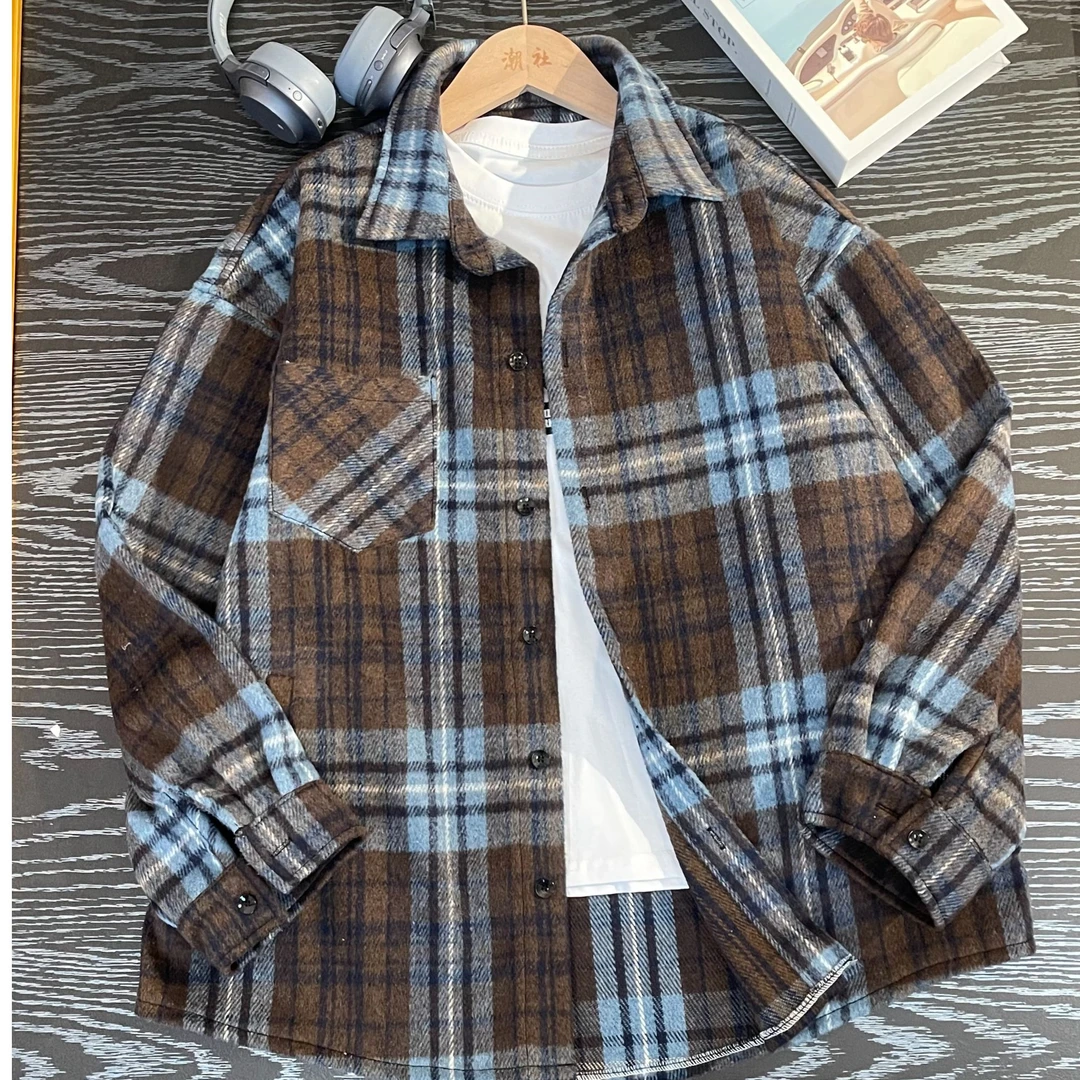 300青少年秋冬新款韩版宽松慵懒风格子外套中大童百搭休闲衬衫