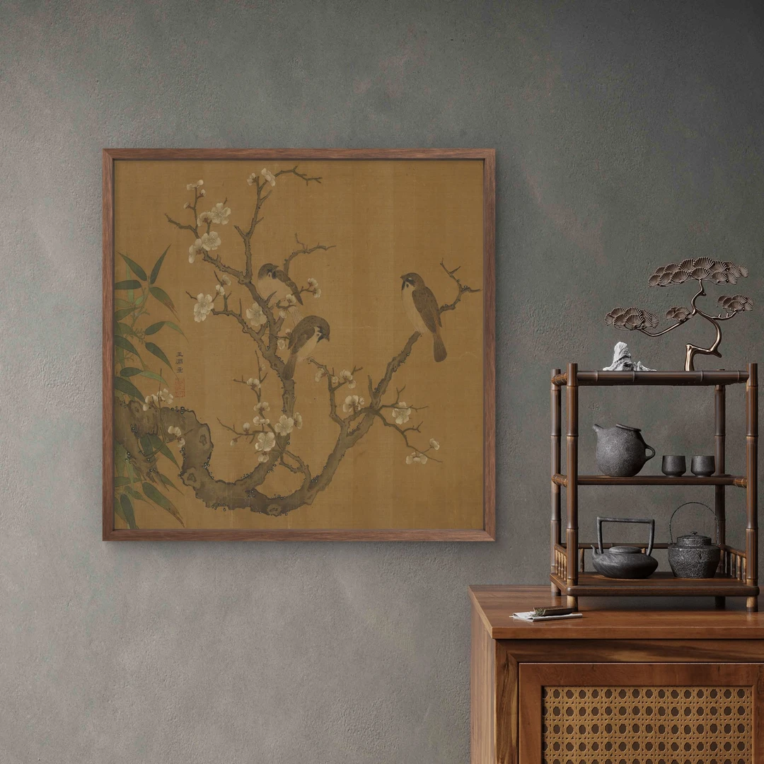 9590-40*40花中式装饰画木框玄关书房茶室客厅挂画