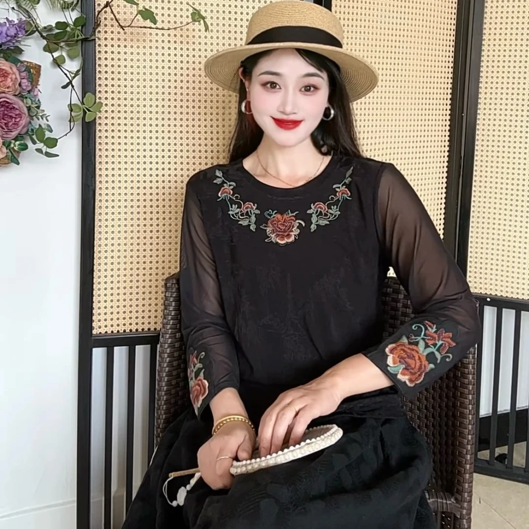 高定国风刺绣透气显瘦网纱袖打底衫百搭重工刺绣提花绣花