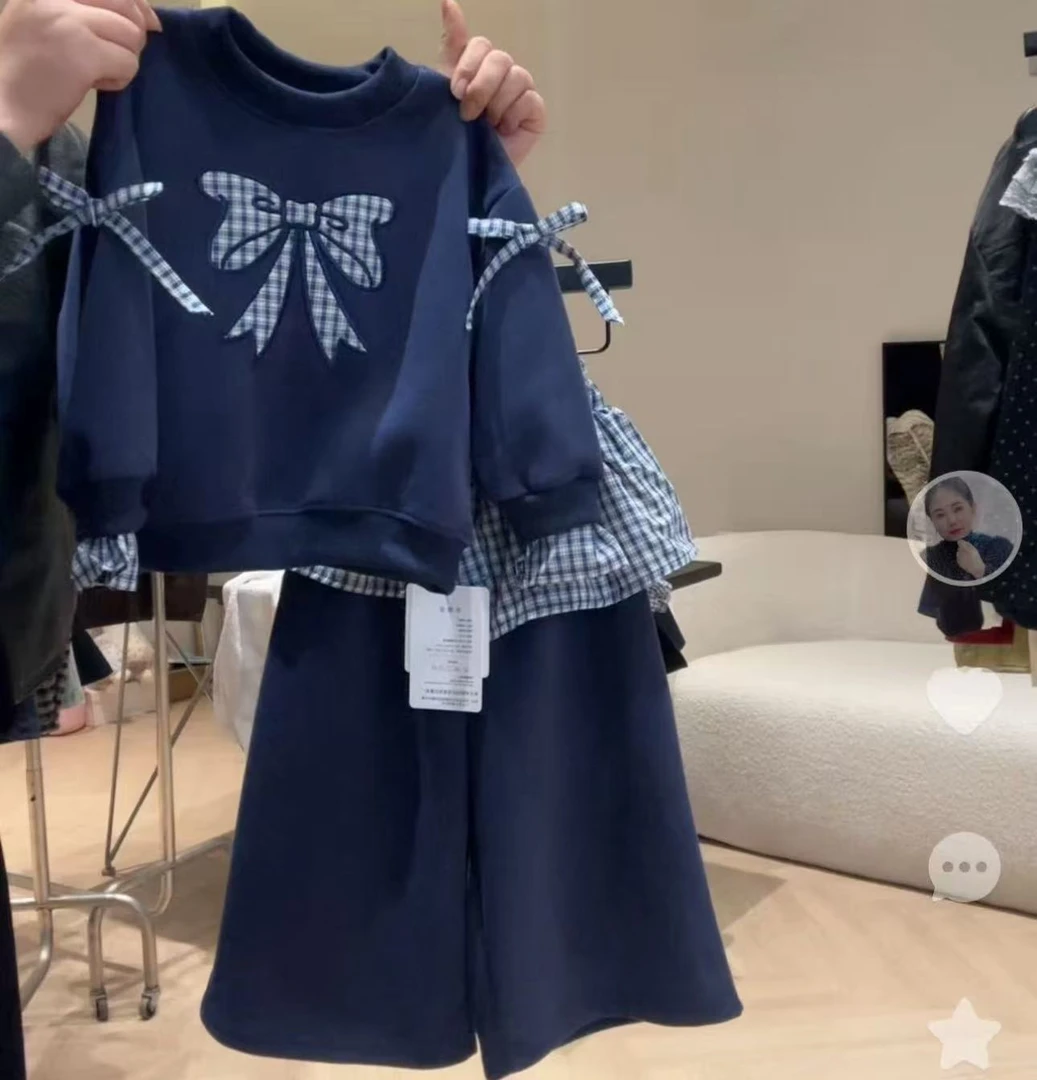 【秋上新】女童2025新款春秋装洋气韩版刺绣蝴蝶格子皮帘阔腿裤套装