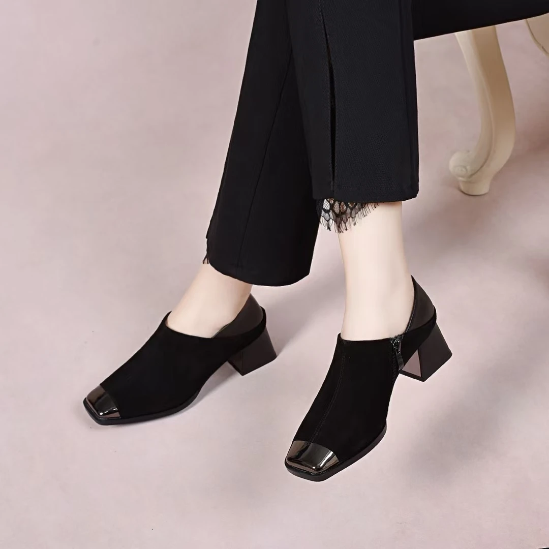 方头粗跟方根高跟鞋皮鞋秋季一脚蹬春季英伦风高跟鞋套脚鞋子