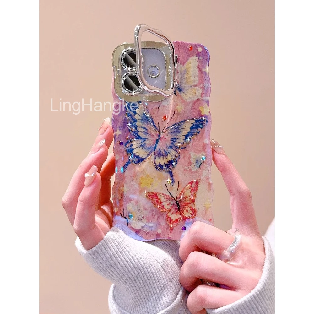 彩色蝴蝶适用苹果16手机壳新款iphone15promax闪粉镜头膜支架14女