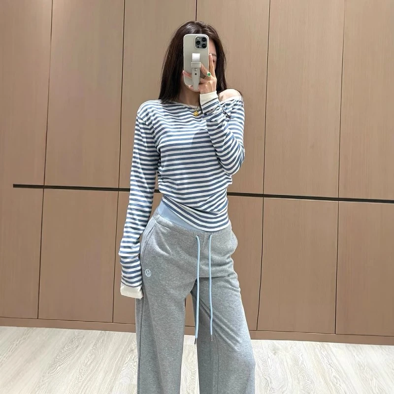 大码设计感斜肩条纹长袖T恤2025秋季胖MM流光风时尚洋气别致上衣